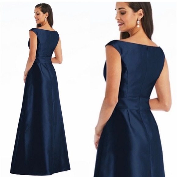 NWT Alfred Sung Off the Shoulder‎ Satin Gown in Midnight Blue Sz 12 $239 - Picture 5 of 7